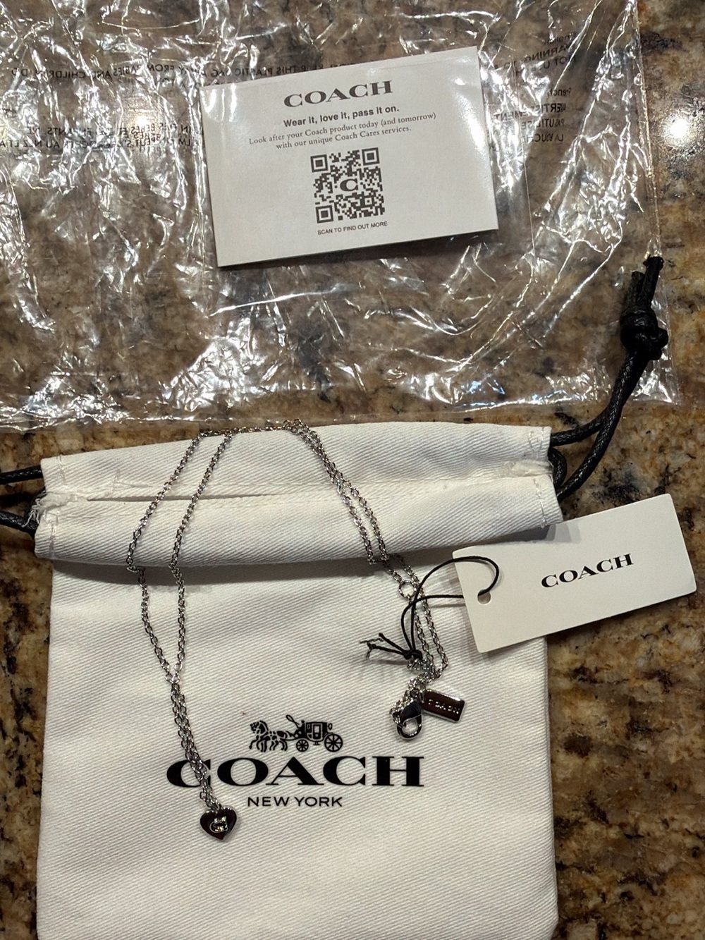 Coach Silver Heart Charm Necklace with Logo Tag